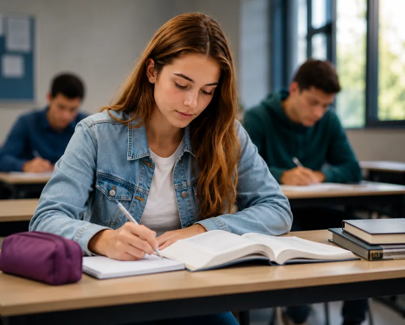 Estudante concentrada em sala de aula